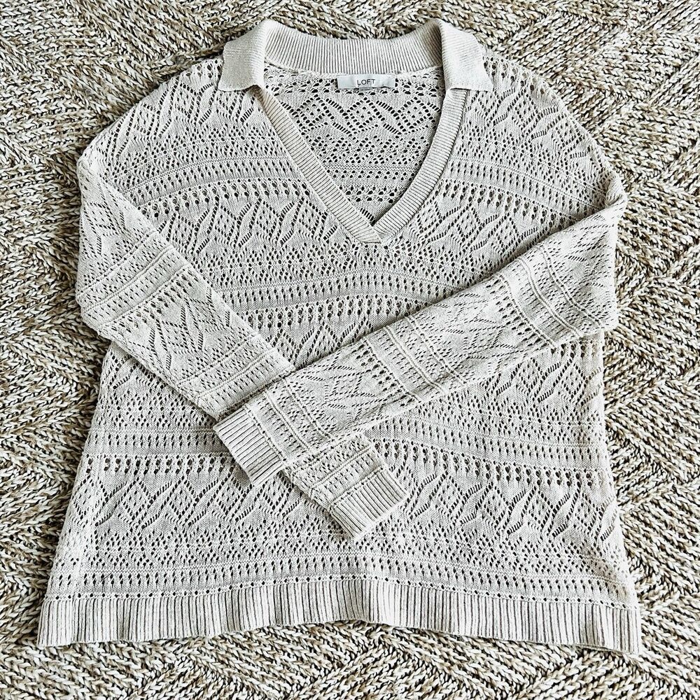 Loft Oatmeal Pointelle Polo Style V Neck Spread Collar Lightweight Blouse Sz Med - Picture 2 of 8
